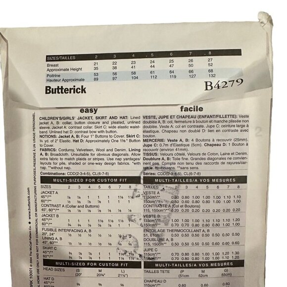 Butterick Sewing Pattern 4279 Girl's Jacket Skirt Hat sizes 6 7 8 - Picture 2 of 6